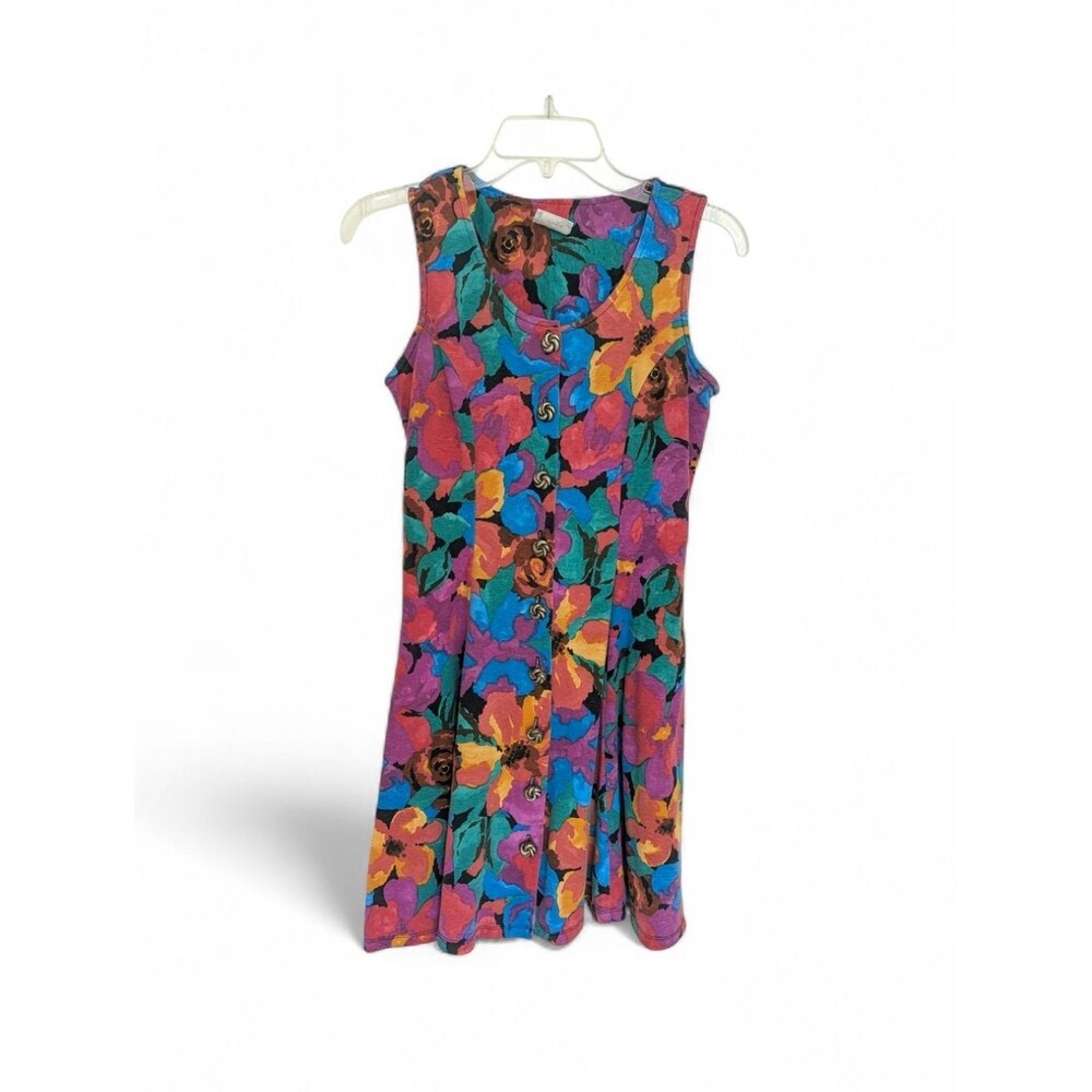 Vintage 90s Floral Mini Dress T-shirt Material With Decorative Buttons